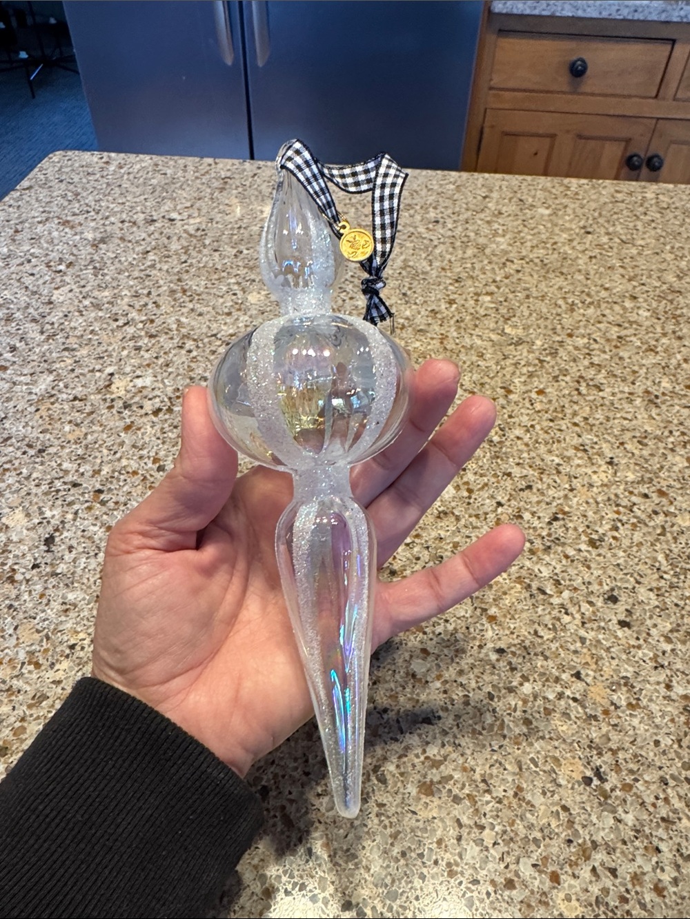 NWOT Mackenzie Childs Iridescent Finial Ornament Courtly Check Ribbon